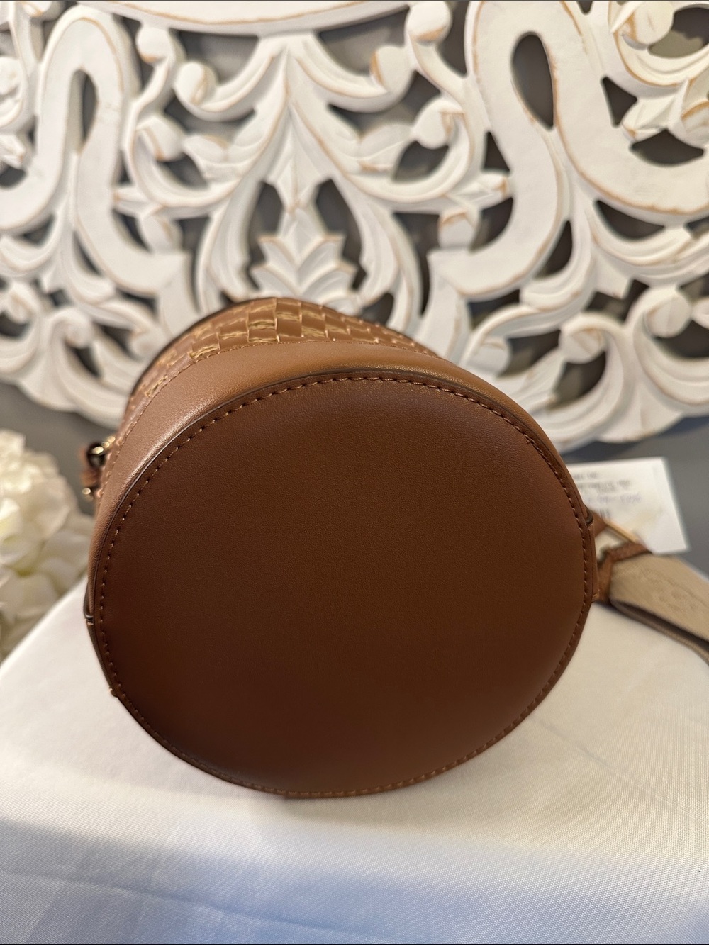 Tommy Bahama Brown and Cream Woven Bucket Crossbody Bag - Picture 2 of 4